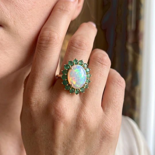 D'Joy AAA Natürlicher, äthiopischer Welo Opal, Kagem Sambischer Smaragd Ring 925 Silber 750 Gelbgold vermeil (Größe 17.00)  (9-14 Werktage Lieferzeit) ca. 6,01 ct