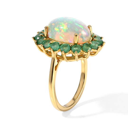 D'Joy AAA Natürlicher, äthiopischer Welo Opal, Kagem Sambischer Smaragd Ring 925 Silber 750 Gelbgold vermeil (Größe 17.00)  (9-14 Werktage Lieferzeit) ca. 6,01 ct
