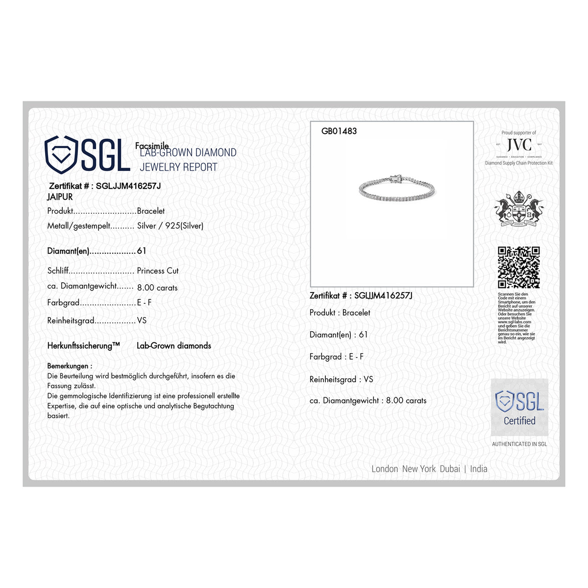 LUXURIANT DIAMOND - Lab Grown Diamant SGL zertifiziert VS-EF Armband ca. 19 cm 925 Silber Rhodiniert ca. 7,99 ct.