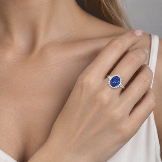 Laborgezüchteter Ceylon-Blau-Saphir, Moissanit Ring 925 Silber Rhodiniert (Größe 18.00) ca. 4,44 ct