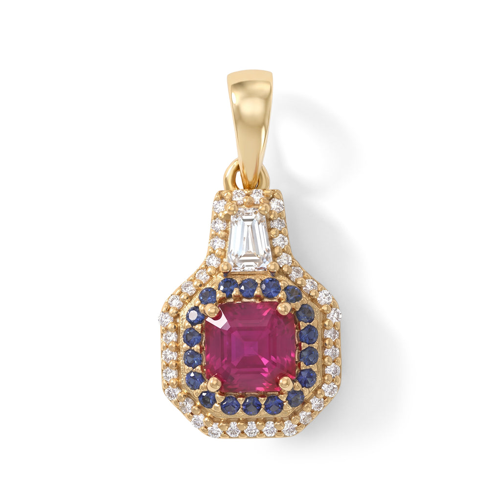 D'Joy AA Afrikanischer Rubin (Fissure gefüllt), Moissanit Anhänger 925 Silber 750 Gelbgold vermeil ca. 2,25 ct.