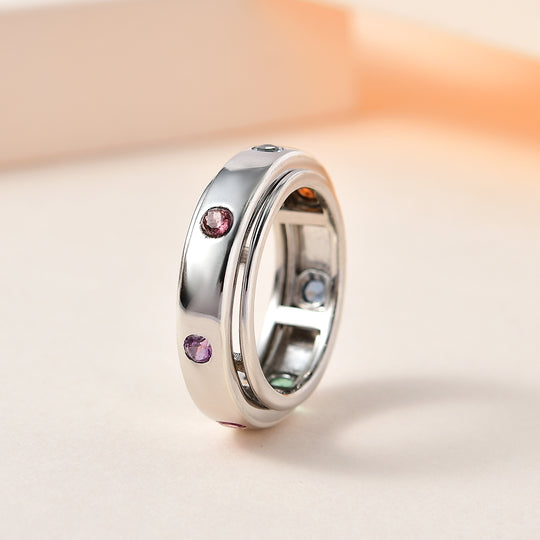 Spinning-Ring mit mehrfarbigen 7-Chakra-Edelsteinen, 925 Silber platiniert ca. 0.51 ct