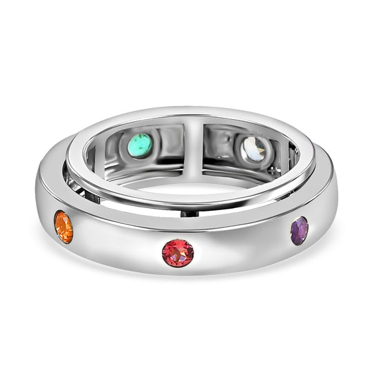 Spinning-Ring mit mehrfarbigen 7-Chakra-Edelsteinen, 925 Silber platiniert ca. 0.51 ct