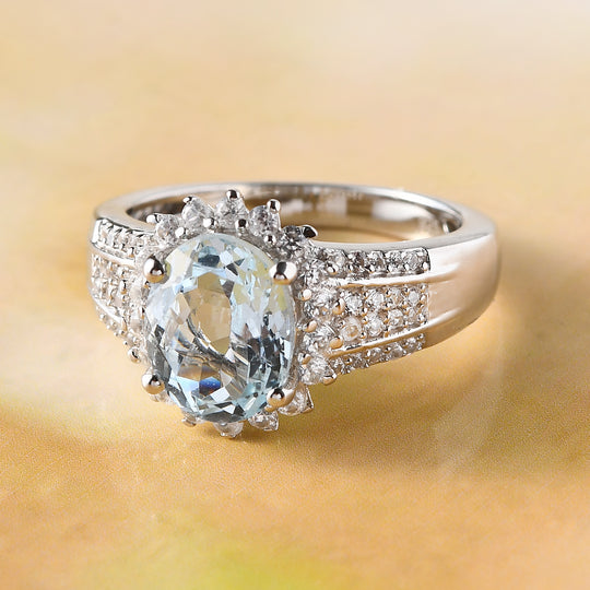 Espirito Santo Aquamarin und weißer Zirkon-Ring, 925 Silber platiniert ca. 2.15 ct