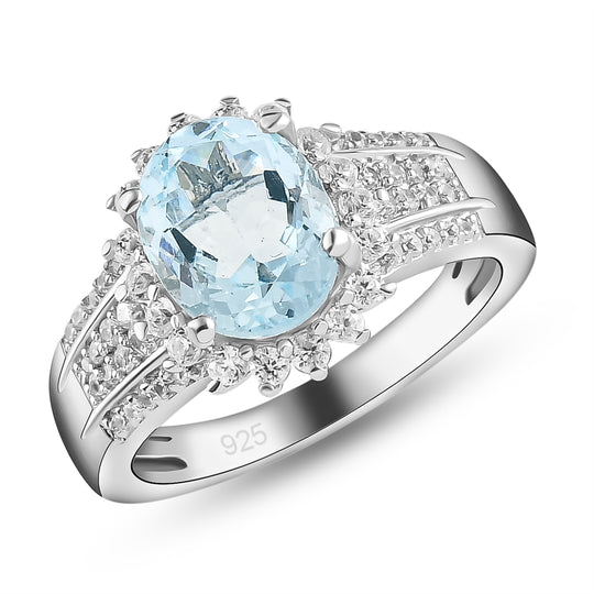 Espirito Santo Aquamarin und weißer Zirkon-Ring, 925 Silber platiniert ca. 2.15 ct