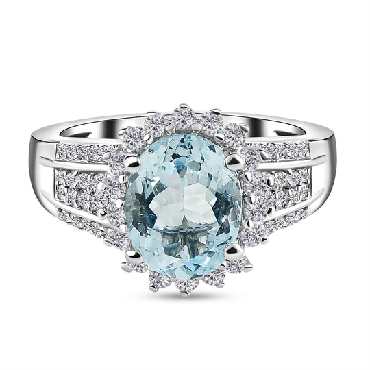 Espirito Santo Aquamarin und weißer Zirkon-Ring, 925 Silber platiniert ca. 2.15 ct