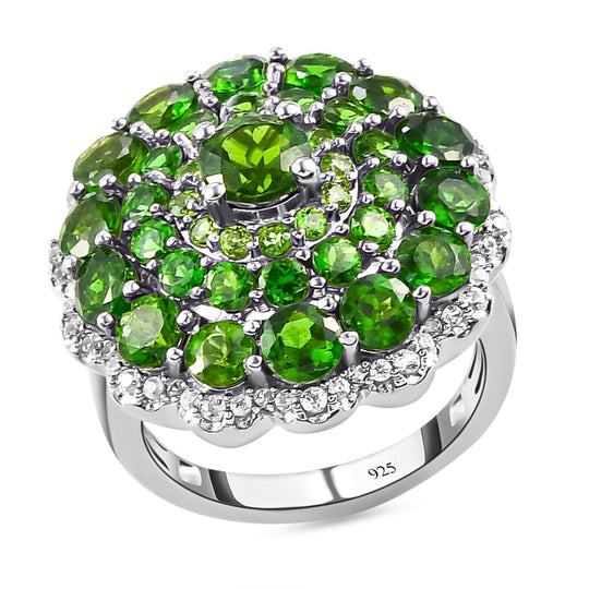 Natürlicher Chromdiopsid und weißer Zirkon-Ring, 925 Silber platiniert ca. 5.28 ct