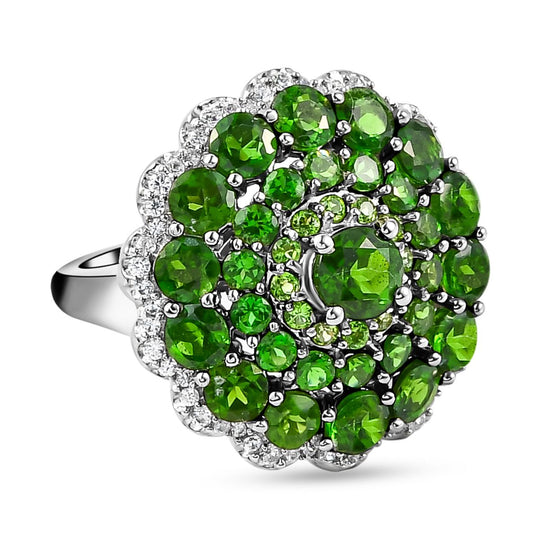 Natürlicher Chromdiopsid und weißer Zirkon-Ring, 925 Silber platiniert ca. 5.28 ct