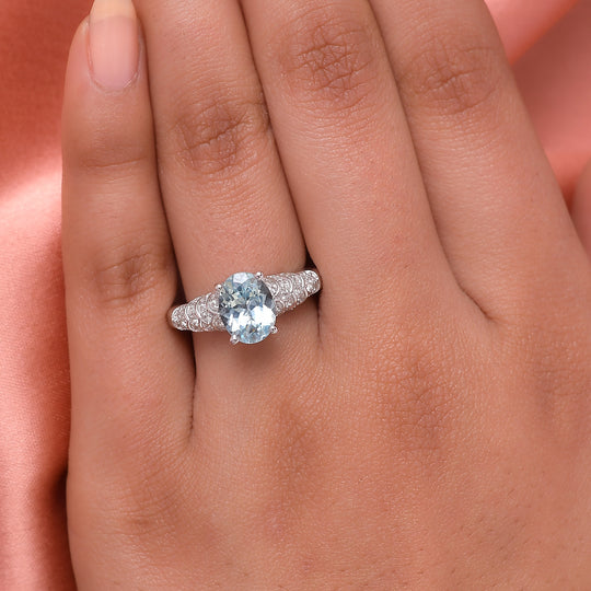 Espirito Santo Aquamarin und weißer Zirkon-Ring, 925 Silber platiniert ca. 2,15 ct