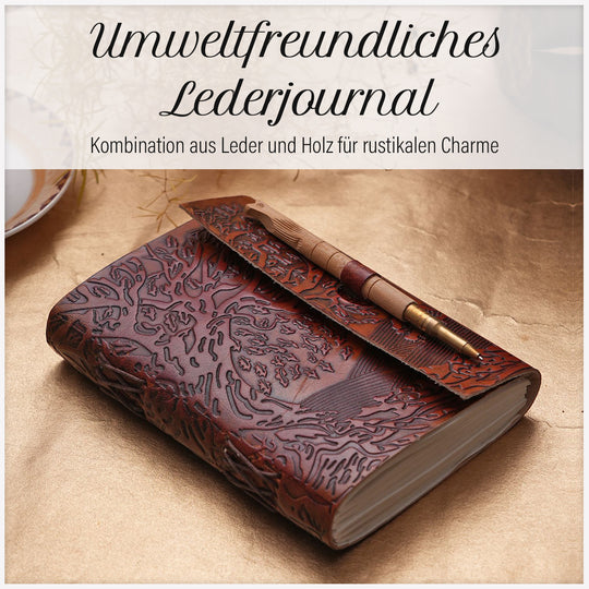 Handgefertigtes Lebensbaum-Journal aus 100% echtem Leder mit Holzstift, rot