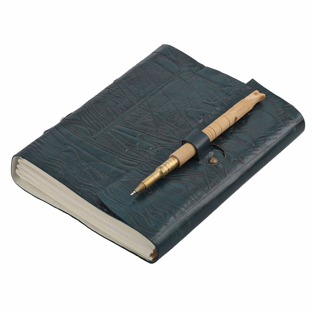 Handgefertigtes Segelboot Journal aus 100% echtem Leder mit Holzstift, blaugrün