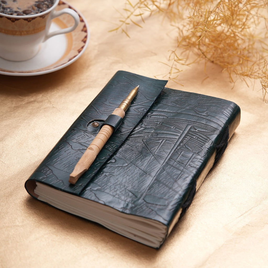 Handgefertigtes Segelboot Journal aus 100% echtem Leder mit Holzstift, blaugrün