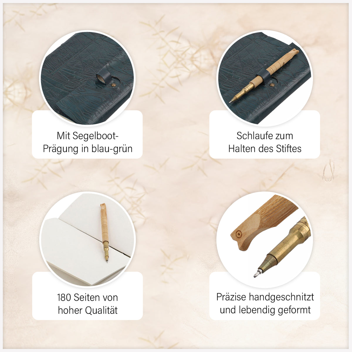 Handgefertigtes Segelboot Journal aus 100% echtem Leder mit Holzstift, blaugrün
