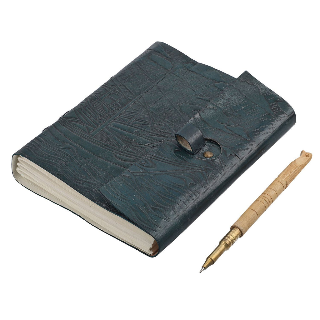Handgefertigtes Segelboot Journal aus 100% echtem Leder mit Holzstift, blaugrün