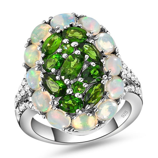 Natürlicher Chromdiopsid und Opal-Ring, 925 Silber platiniert ca. 3.58 ct