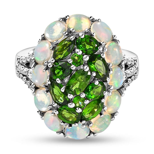 Natürlicher Chromdiopsid und Opal-Ring, 925 Silber platiniert ca. 3.58 ct