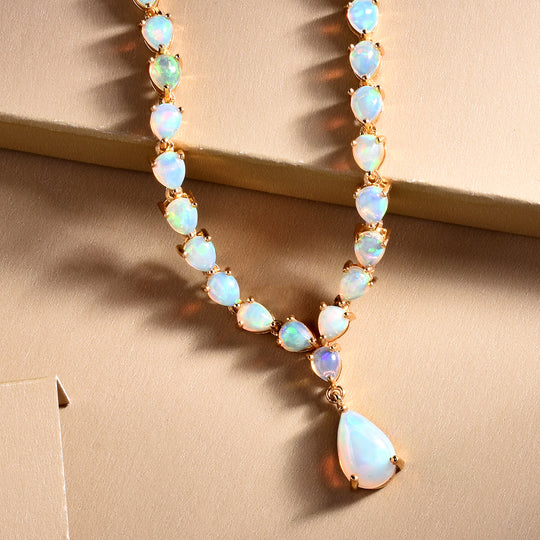Natürliche, äthiopische Opal-Halskette, ca. 45 cm, 925 Silber Gelbgold Vermeil ca. 8.95 ct