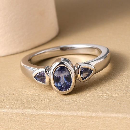 Tansanit 3-Stein-Ring, 925 Silber platiniert ca. 0,59 ct