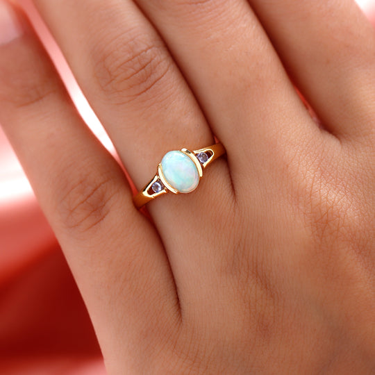 Natürlicher, äthiopischer Opal und Tansanit-Ring, 925 Silber vergoldet ca. 1,05 ct