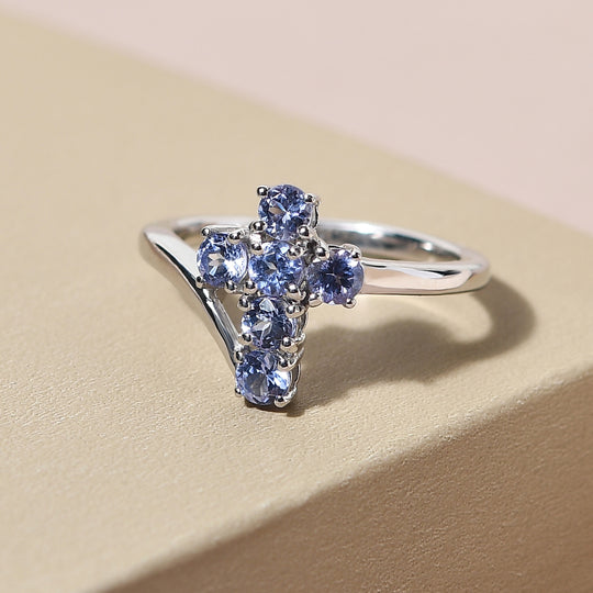 Tansanit Kreuz-Ring, 925 Silber platiniert ca. 0,77 ct