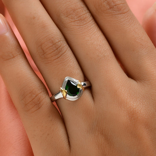 Natürlicher Chromdiopsid Ring 925 Silber Bicolor ca. 1,17 ct