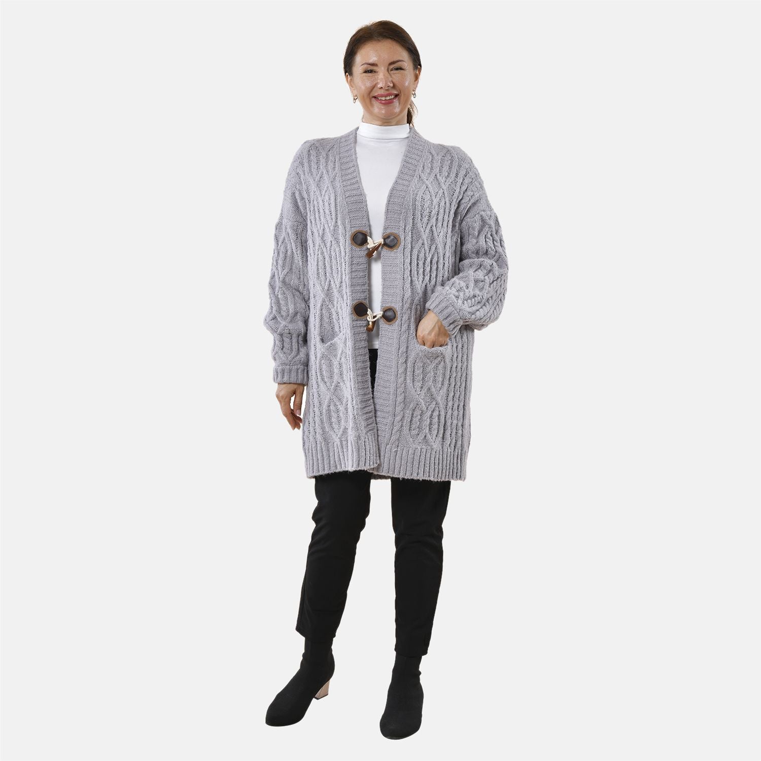 Lange Strickjacke mit Schlaufe, 87x44x60cm, grau