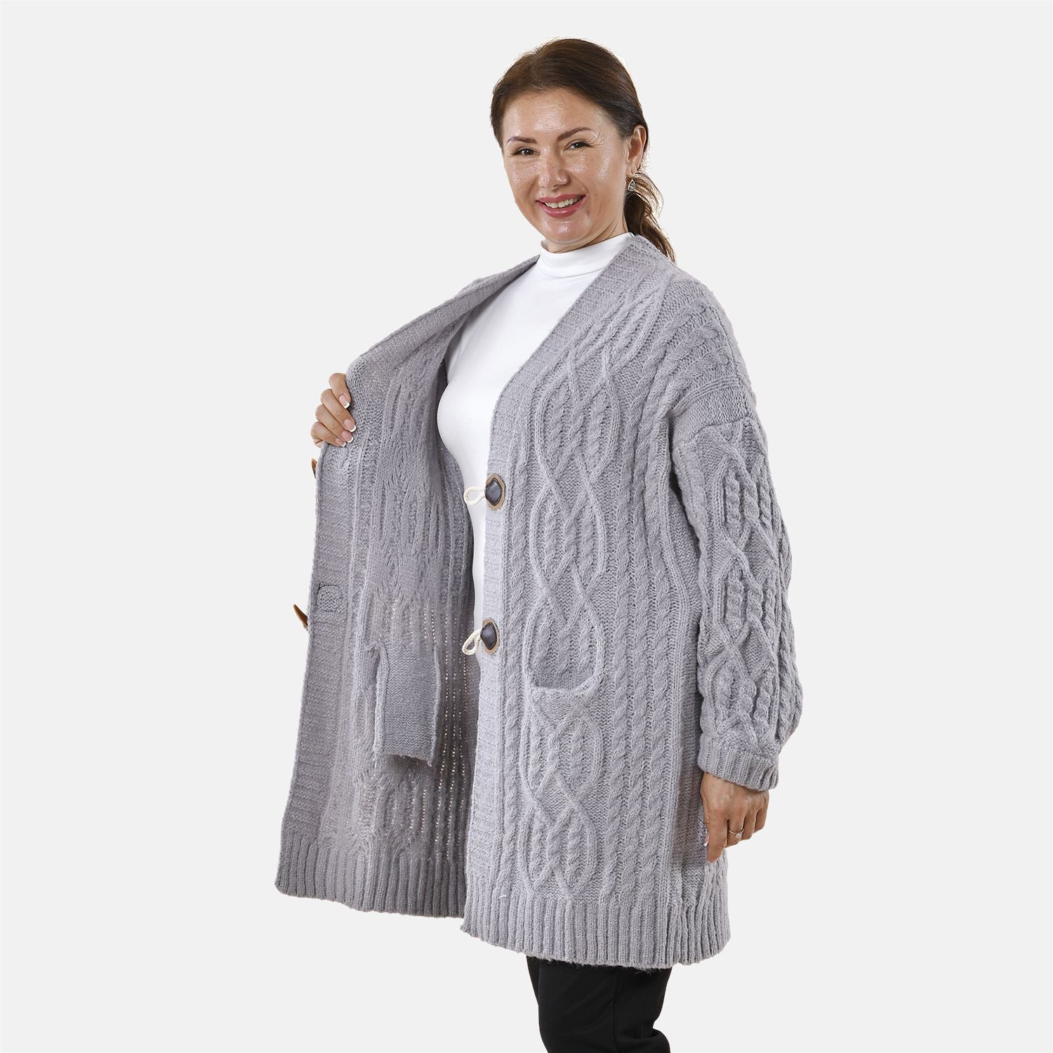 Lange Strickjacke mit Schlaufe, 87x44x60cm, grau