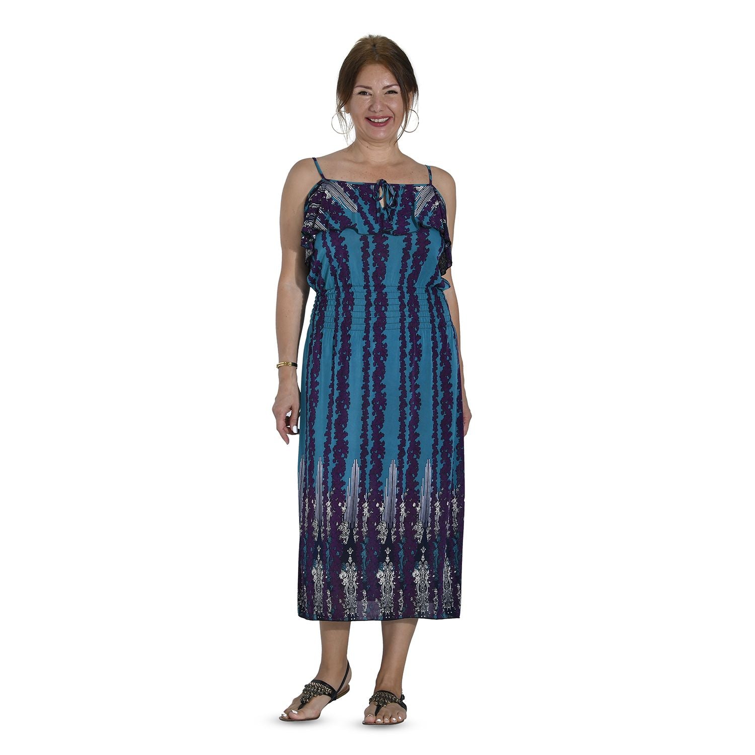 Maxikleid mit gesmokter Taille, One Size, blau und lila
