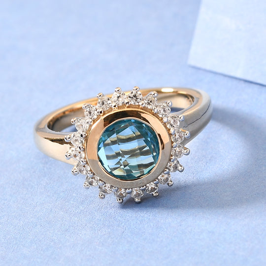 Schweizer Blautopas und Zirkon Ring 925 Silber vergoldet ca. 2,02 ct