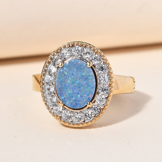 Boulder Opal Triplette und Zirkon-Ring, mit magnetischem Öffnungsmechanismus 925 Silber vergoldet ca. 2.51 ct