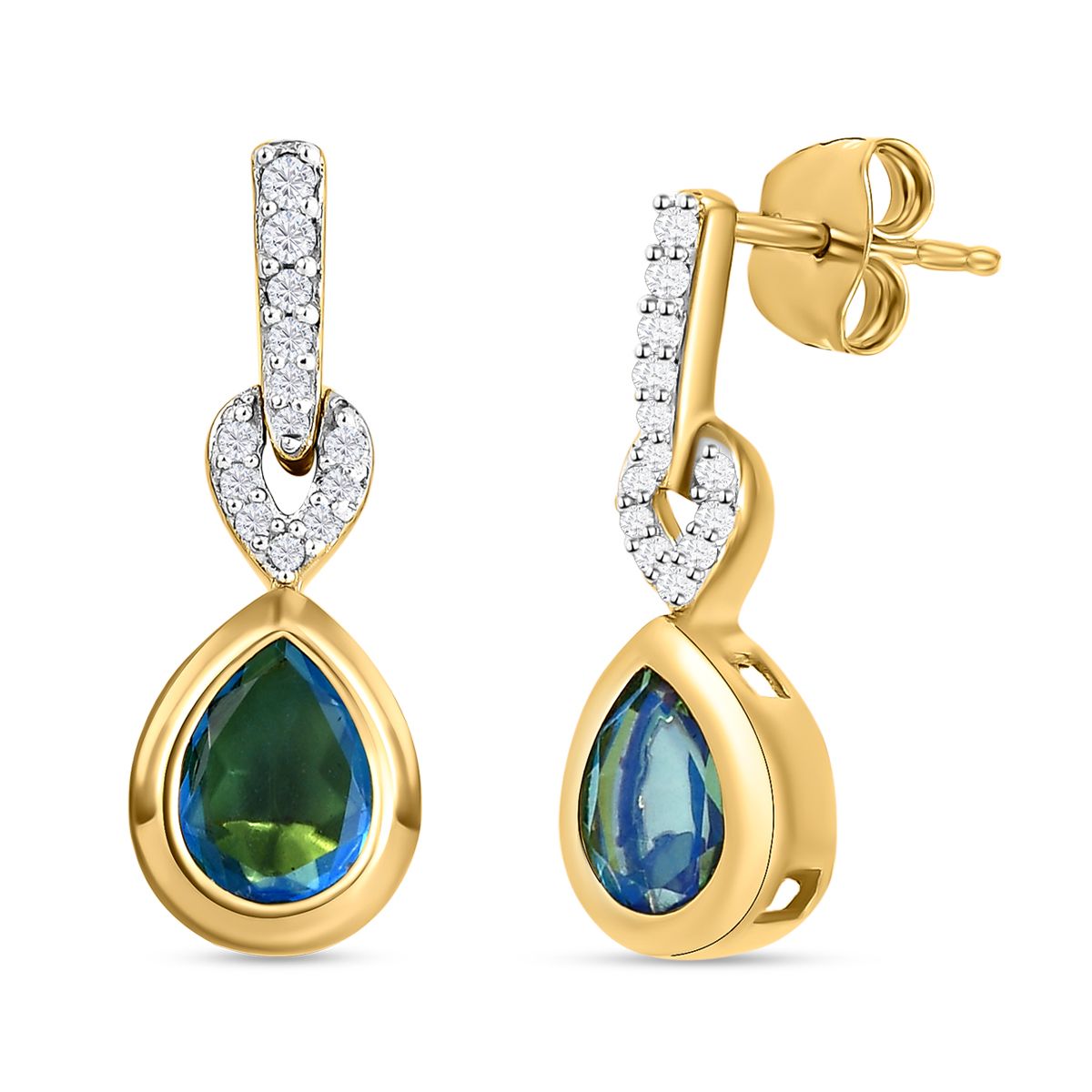 Pfau Triplette Quarz und weiße Zirkon-Ohrringe, 925 Silber vergoldet ca. 2.88 ct
