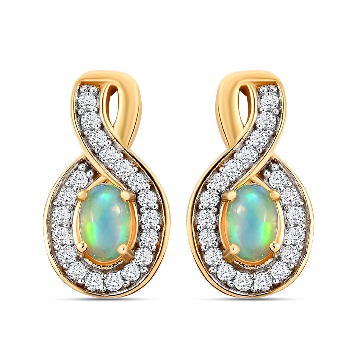 Natürlicher Äthiopischer Opal, Weißer Zirkon Ohrringe 925 Silber vergoldet ca. 1,38 ct