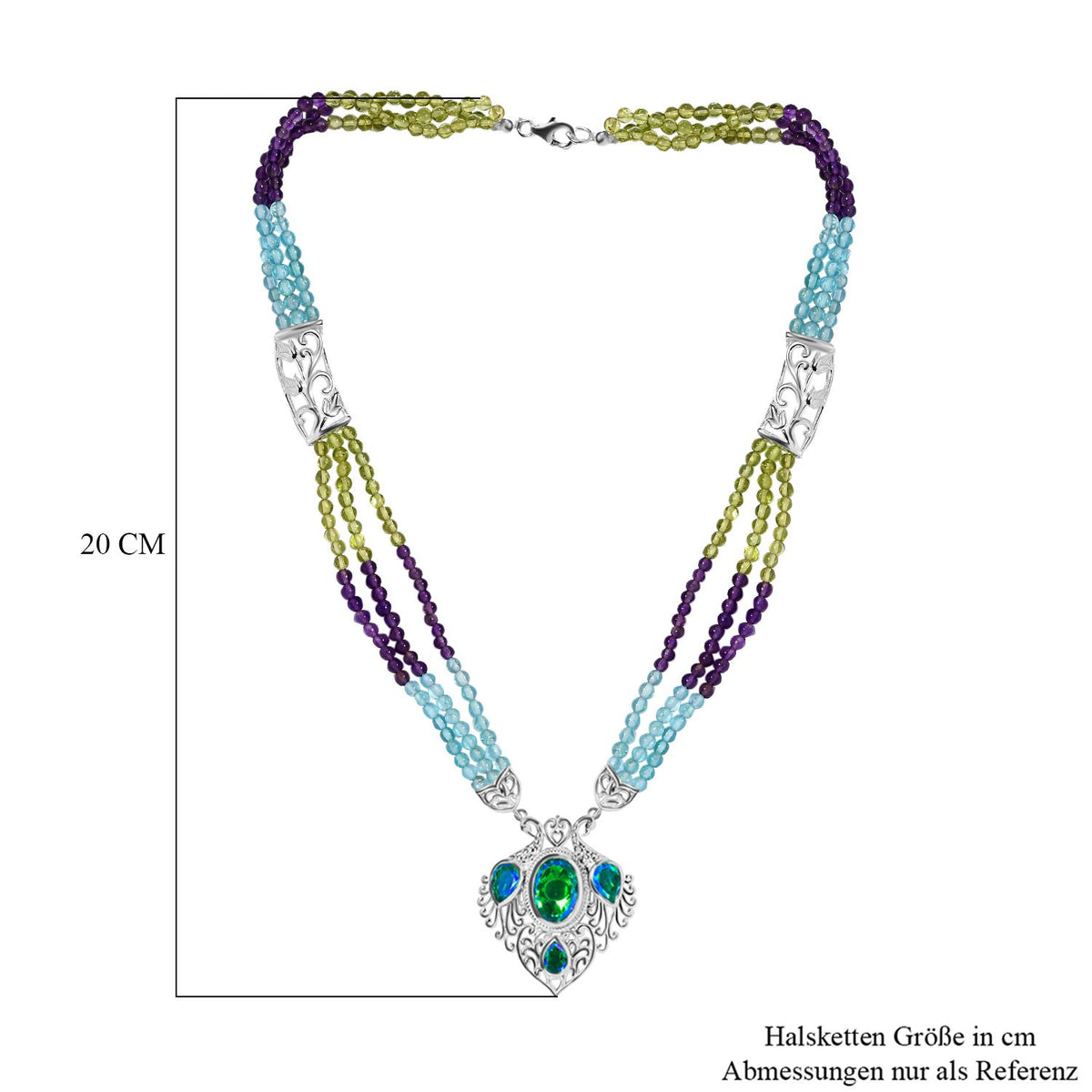 Pfau Quarz Triplette, mehrfarbige Edelstein Halskette, ca. 45 cm 925 Silber ca. 105.70 ct
