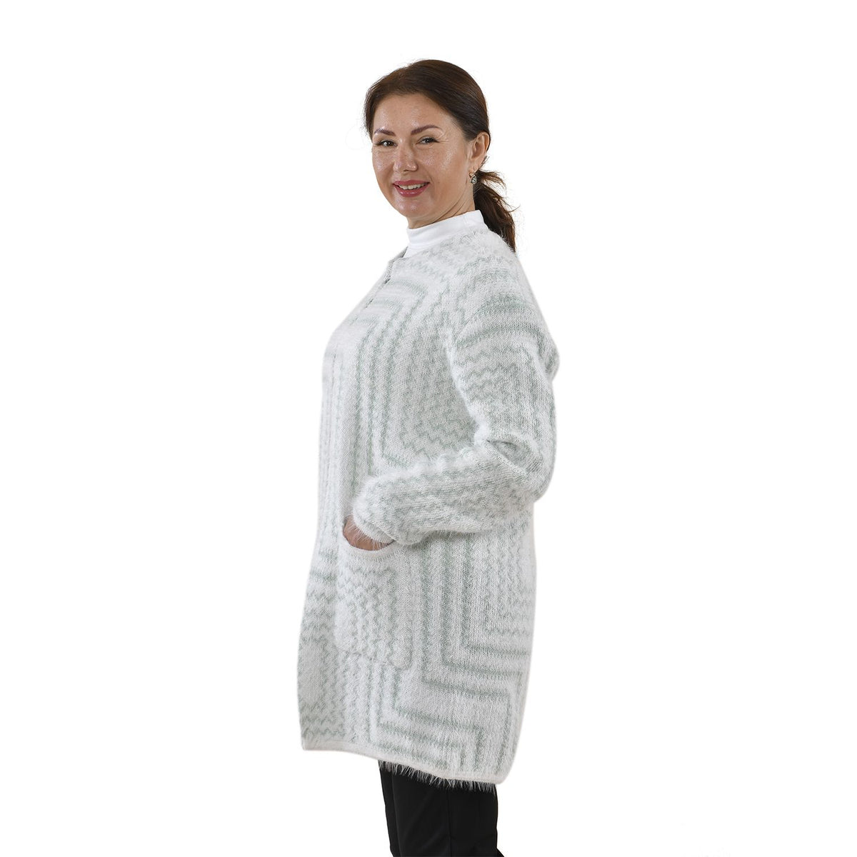Kuschelig weicher und langer Cardigan mit Taschen, One Size, Geometrisches Muster, grün