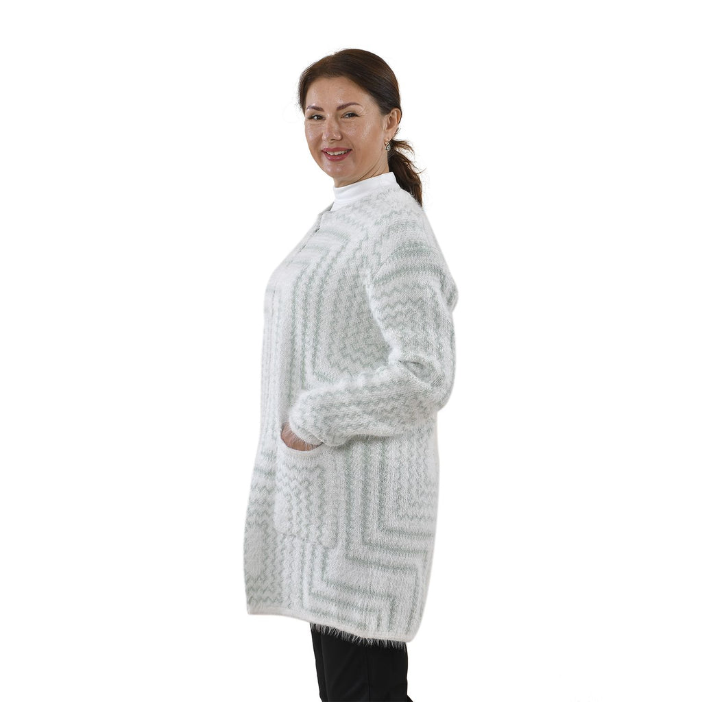 Kuschelig weicher und langer Cardigan mit Taschen, One Size, Geometrisches Muster, grün