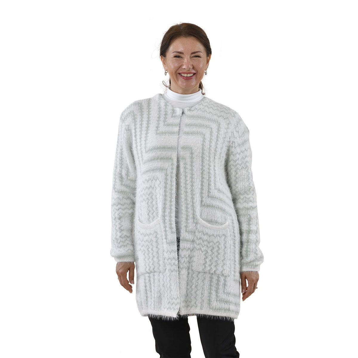 Kuschelig weicher und langer Cardigan mit Taschen, One Size, Geometrisches Muster, grün