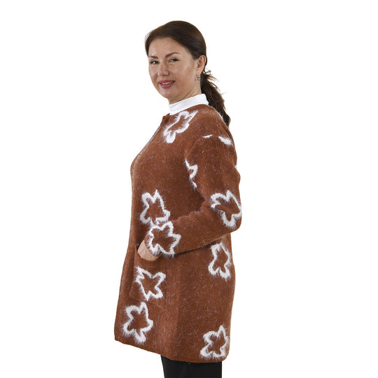 Kuschelig weicher und langer Cardigan mit Taschen, One Size, Blumenmuster, braun