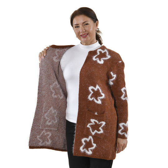 Kuschelig weicher und langer Cardigan mit Taschen, One Size, Blumenmuster, braun