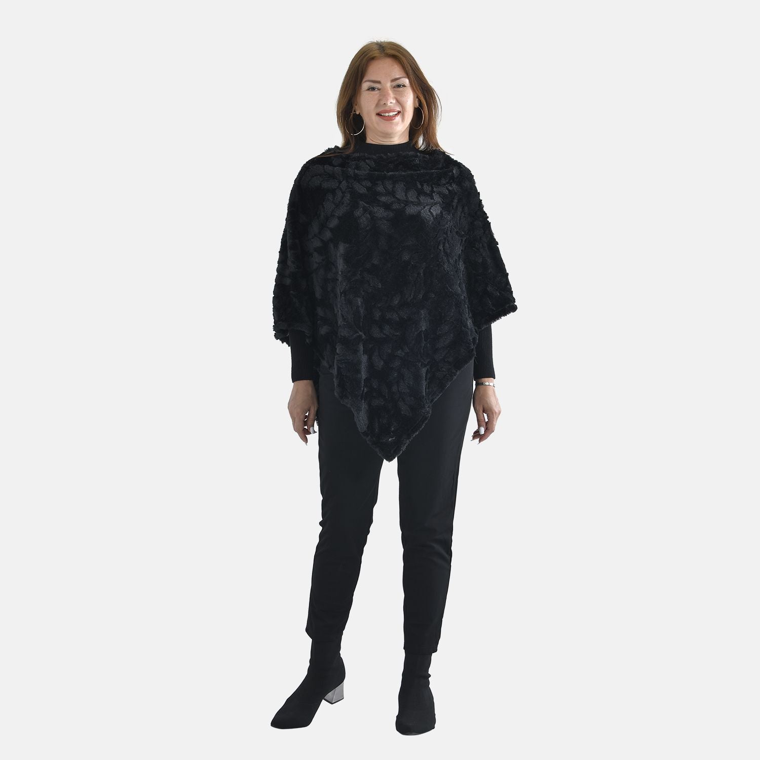 Kunstpelz-Poncho mit Blattmuster, 85x100cm, Schwarz