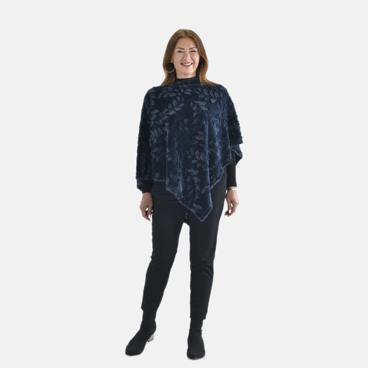 Kunstpelz-Poncho mit Blattmuster, 85x100cm, Marineblau
