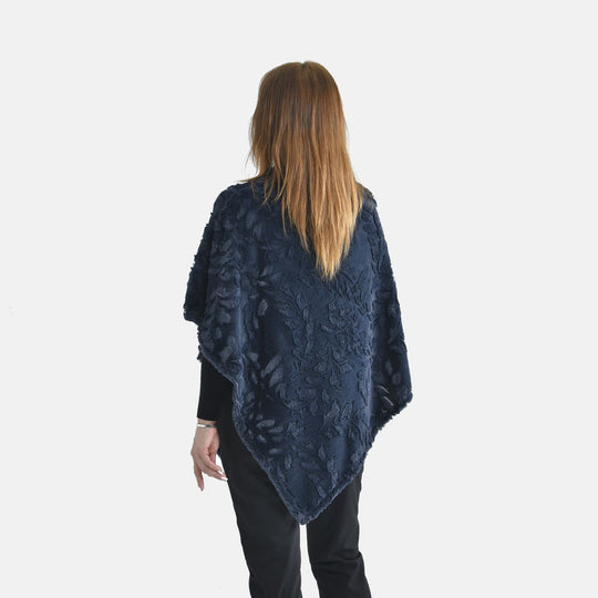 Kunstpelz-Poncho mit Blattmuster, 85x100cm, Marineblau