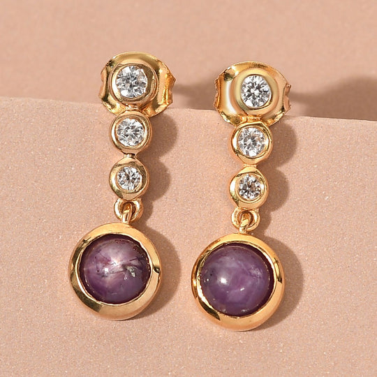 Sternrubin und weiße Zirkon-Ohrringe, 925 Silber vergoldet ca. 3.40 ct
