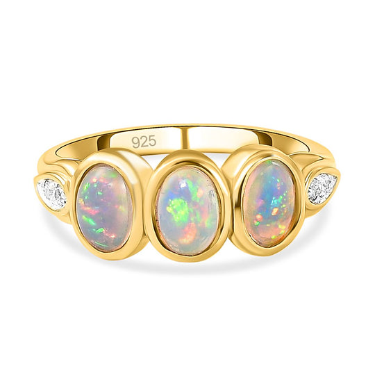 Natürlicher, äthiopischer Opal und weißer Zirkon-Ring, 925 Silber vergoldet ca. 0,95 ct