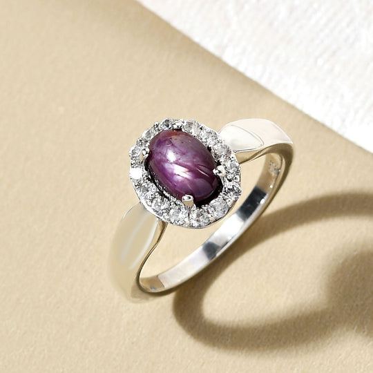 Sternrubin und weißer Zirkon-Ring, 925 Silber platiniert ca. 1,86 ct