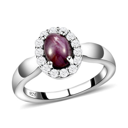 Sternrubin und weißer Zirkon-Ring, 925 Silber platiniert ca. 1,86 ct