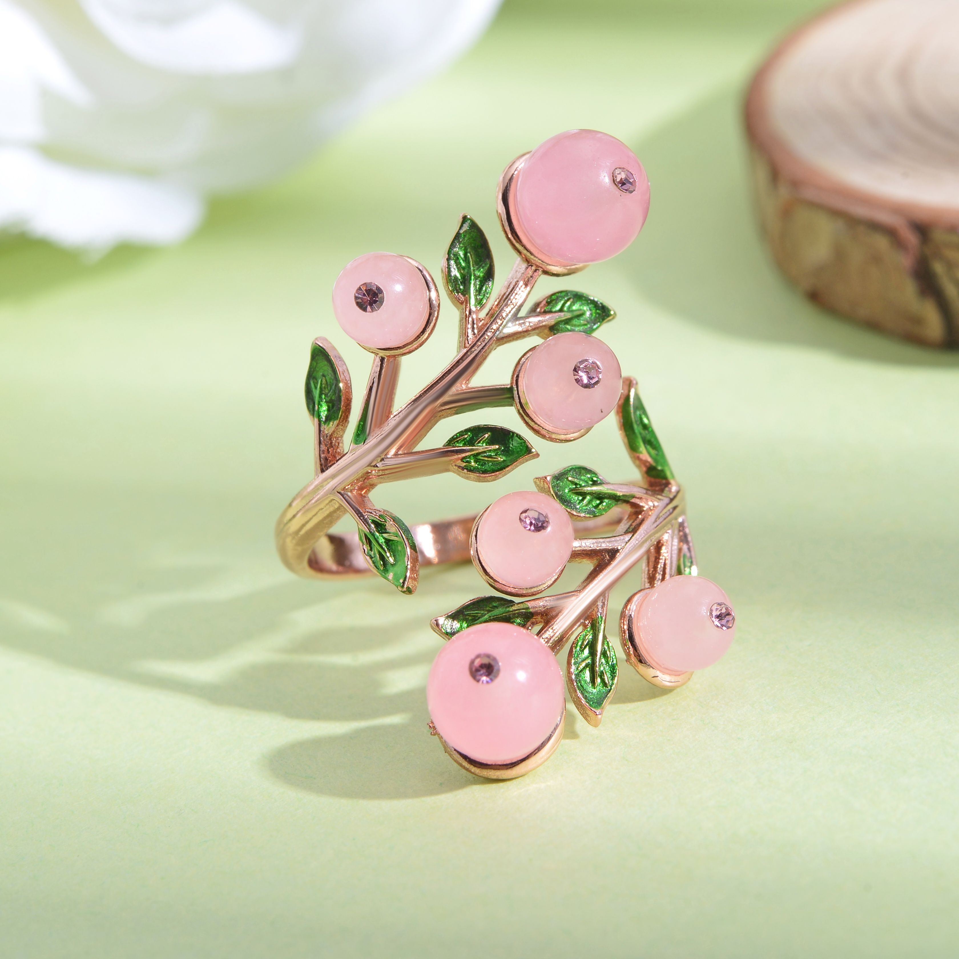 Rosenquarz und rosa Kristall-Ring, reines Messing (Größe 16.50)