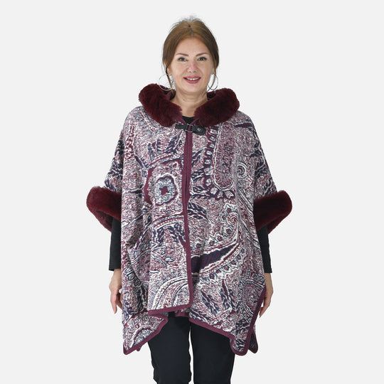LA MAREY - Kunstfell Poncho mit Kapuze, One Size, 80x110cm, Burgund