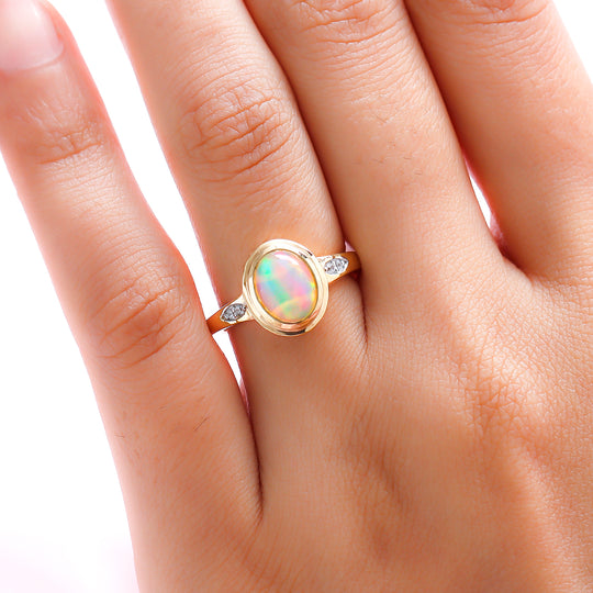 Natürlicher, äthiopischer Opal und weißer Zirkon-Ring, 925 Silber vergoldet ca. 1,29 ct