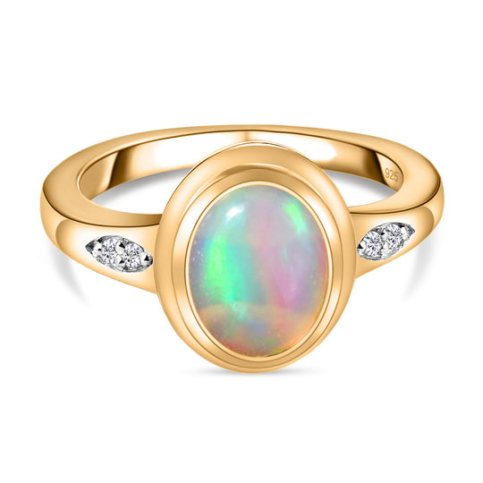 Natürlicher, äthiopischer Opal und weißer Zirkon-Ring, 925 Silber vergoldet ca. 1,29 ct