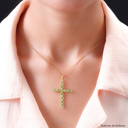 Natürlicher Peridot Kreuz-Anhänger, 925 Silber vergoldet ca. 3,64 ct